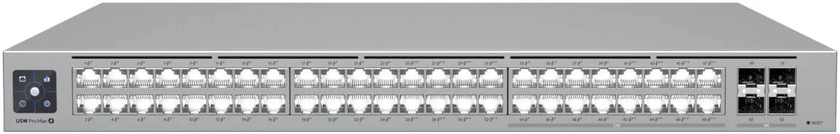 سوییچ شبکه یوبی‌کوئیتی Pro Max 48 PoE، صفحه لمسی 1.3 اینچی، 32 پورت GbE RJ45، ظرفیت سوئیچینگ 224 گیگابیت بر ثانیه، توان PoE در دسترس 720 وات، جنس بدنه فولاد SGCC، مشکی | USW-Pro-Max-48-PoE (720W)