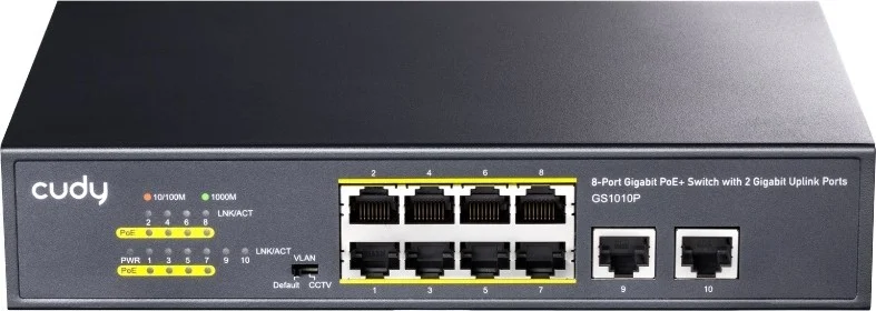 سوییچ 8 پورت گیگابیتی PoE+ کودی با 2 پورت آپ‌لینک گیگابیتی 120W مدل GS1010P