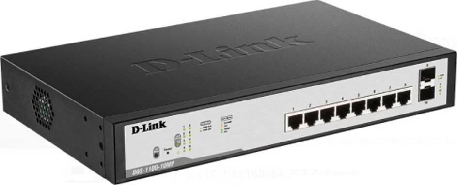 سوئیچ 8 پورت PoE گیگابیتی D-Link، ظرفیت 20 گیگابیت بر ثانیه، فورواردینگ 14.88 مگاپیکسل در ثانیه، 2 پورت SFP 1000M، 6 آنتن داخلی، مشکی | DGS-F1100-10PS-E/B