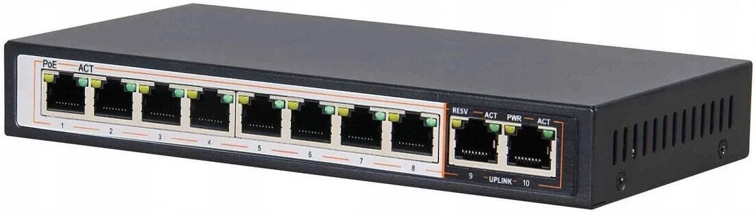 سوئیچ دی-لینک DGS-F1010P با ۸ پورت GE PoE+ و ۲ پورت آپ‌لینک GE، فاصله ۲۵۰ متری، ۱۰ پورت 10/100/1000 مگابیت بر ثانیه، محافظت 6 کیلوولت در برابر صاعقه، بودجه PoE ۱۲۰ وات، کنترل جریان، مشکی | DGS-F1010P-E