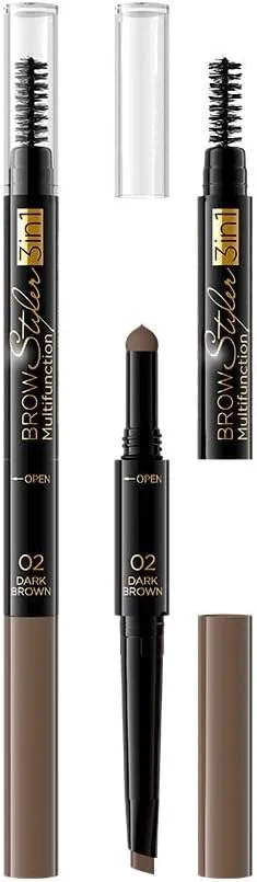 مداد ابرو سه کاره Eveline Cosmetics Brow Styler با اسفنج و برس - شماره 02 قهوه ای تیره
