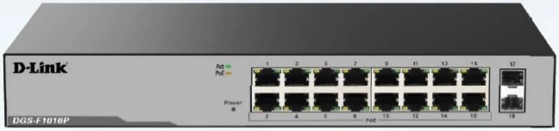 D-Link DGS-F1016P، سوئیچ غیر مدیریتی 16 پورت گیگابیتی POE با 2 پورت SFP، اتصال برتر، تامین برق برای دستگاه های متعدد، اکسس پوینت های بی سیم (AP)، دوربین های IP و غیره | DGS-F1016P