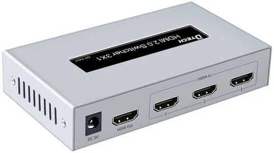 سوئیچ HDMI دی-تک DT-7431، رزولوشن 3840x2160@60Hz، بدون نیاز به نصب درایور، اتصال و استفاده آسان، 3 پورت، 10 متر مسافت انتقال ورودی، 5 متر مسافت انتقال خروجی، HDMI 2.0، نقره ای | DT-7431