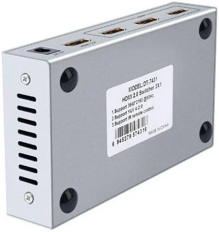 سوئیچ HDMI دی-تک DT-7431، رزولوشن 3840x2160@60Hz، بدون نیاز به نصب درایور، اتصال و استفاده آسان، 3 پورت، 10 متر مسافت انتقال ورودی، 5 متر مسافت انتقال خروجی، HDMI 2.0، نقره ای | DT-7431