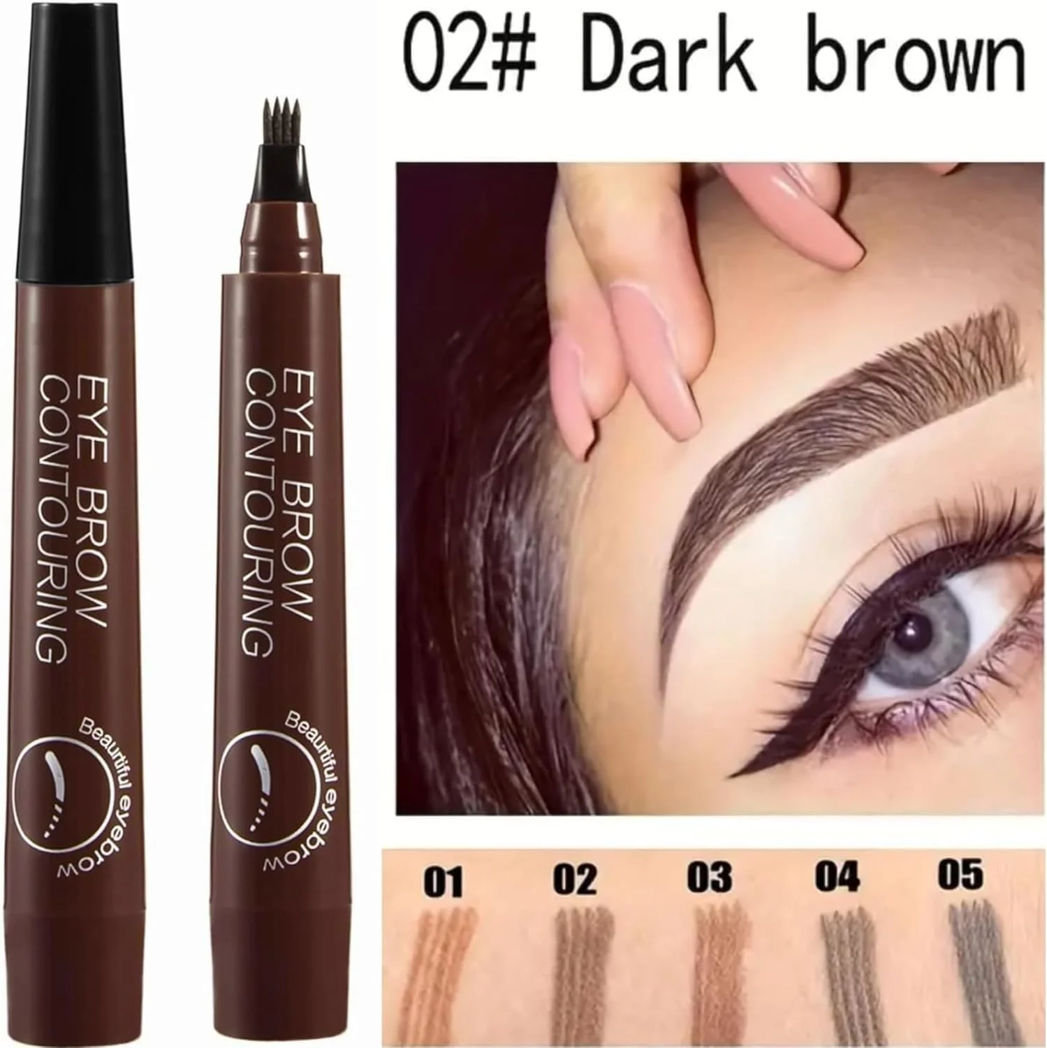 مداد ابرو قهوه ای تیره، مداد ابروی ضد آب با ماندگاری طولانی 4 سر برای فرم دادن و پر کردن ابرو، مداد کانتورینگ ابرو، مداد هاشور ابرو ضد لک (#02)