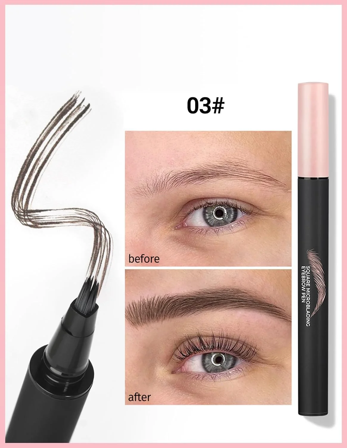 قلم هاشور ابرو، قلم مایع ابرو، برس ابرو زاویه دار مربعی با موهای طبیعی شبیه موی ابرو، ماندگاری طولانی، مداد ابرو ضد آب برای آرایش زنان و دختران (#03)