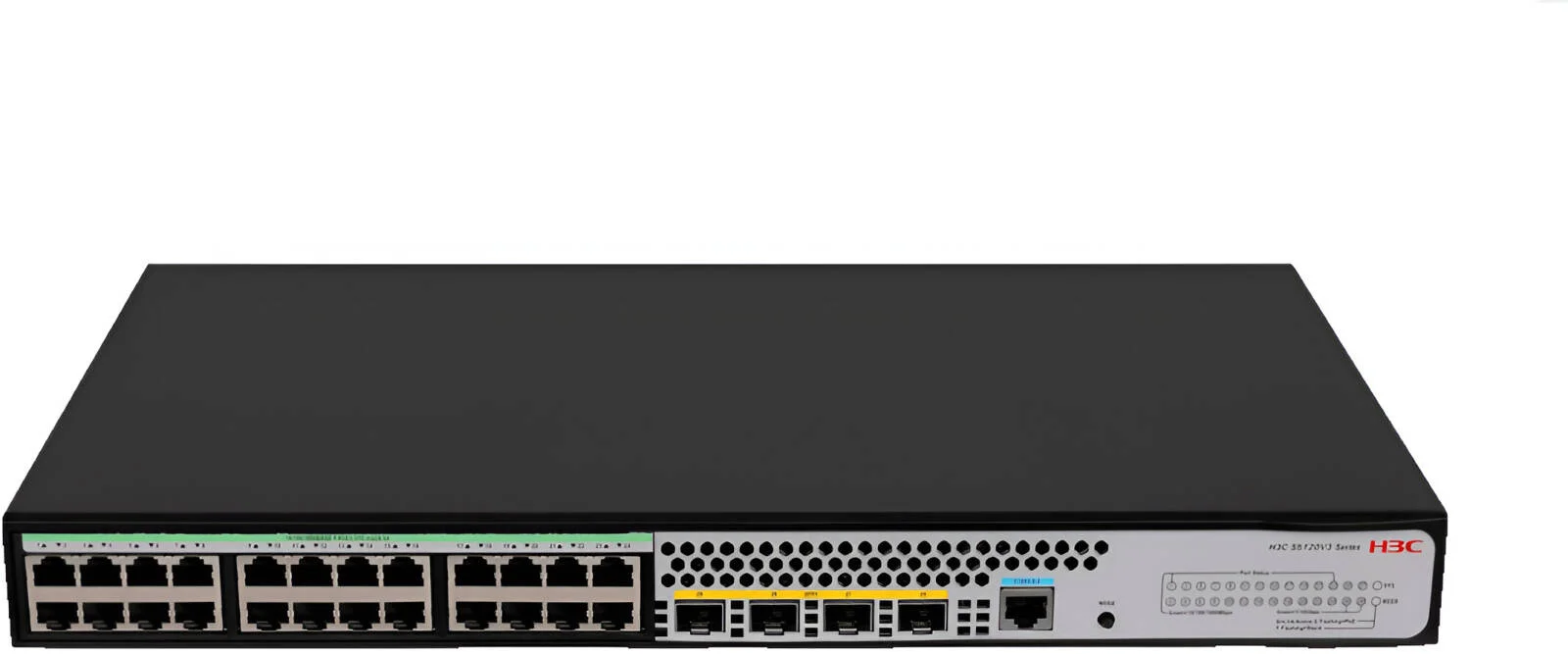 سوئیچ دسترسی گیگابیتی لایه 3 H3C S5120V3-LI، دارای 24 پورت 10/100/1000TX + 4 پورت SFP Plus، ظرفیت سوئیچینگ 128 گیگابیت بر ثانیه، 1 فن، مشکی | LS-5120V3-28S-PWR-LI-GL