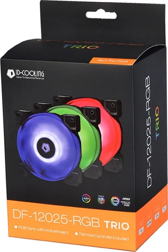پک سه عددی فن RGB مدل ID-COOLING DF-12025-RGB، همگام سازی RGB با مادربردهای ایسوس/ام اس آی/گیگابایت، بلبرینگ دوبل، فشار استاتیک بالا، شامل کنترل از راه دور RGB، فن 120 میلی متری PWM با جریان هوای بزرگ، 56.5CFM