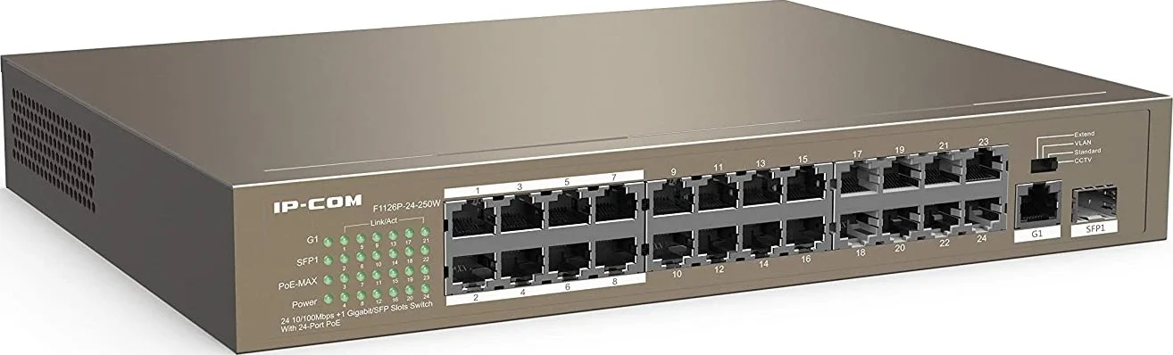 سوئیچ غیر مدیریتی 24 پورت PoE آی پی-کام مدل F1126P-24-250W با 24 پورت 10/100Mbps + 1 درگاه گیگابیتی/SFP