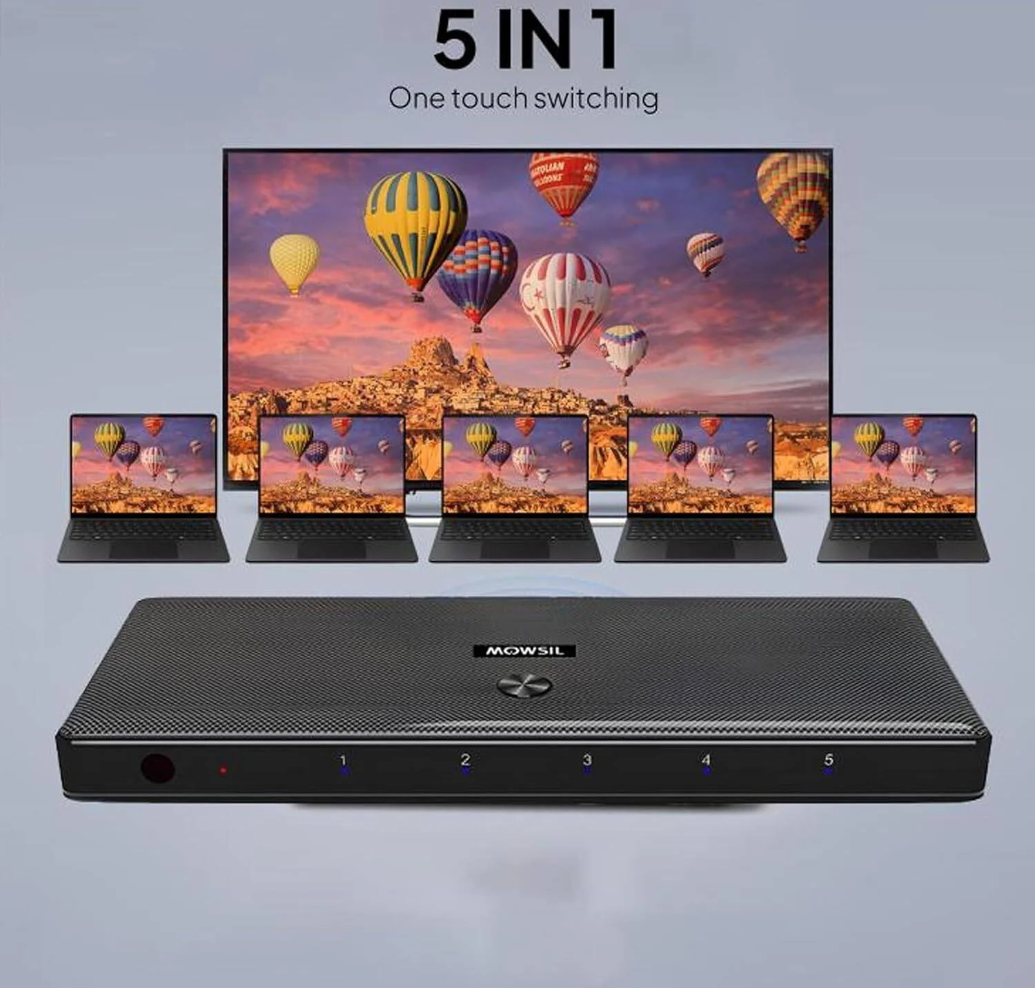 سوئیچ HDMI موسیل 5 به 1 خروجی، 4K@60Hz، HDMI 2.0، 18Gbps، HDR، HDCP 2.2، 3D، ریموت IR، پشتیبانی از 4K/60Hz، 1080P، DTS، Dolby، بدون نیاز به منبع تغذیه خارجی، 5 پورت HDMI، دکمه سوئیچ، مشکی | MOS151