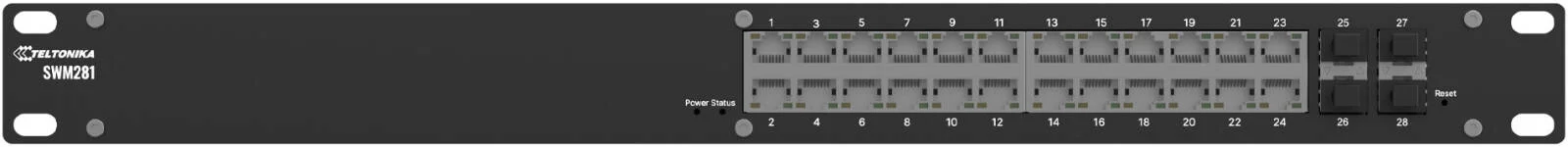 سوئیچ اترنت گیگابیتی مدیریت شده Teltonika SWM281، دارای 24 پورت گیگابیتی، 4 پورت SFP، L2+ با ویژگی های L3، پشتیبانی از PROFINET، MRP، EtherNet/IP، مدیریت RMS مبتنی بر ابر | SWM281
