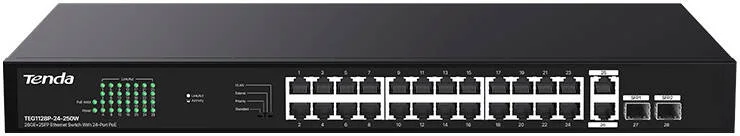 سوئیچ اترنت Tenda 26GE+2SFP با 24 پورت PoE اختصاصی برای شبکه و نظارت SMB، حالت ارسال بسته 41.7 Mpps، ظرفیت سوئیچ 56 گیگابیت بر ثانیه | TEG1128P-24-250W