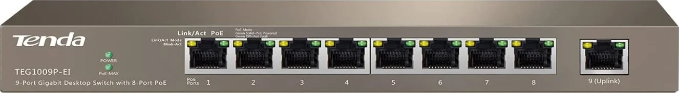 سوئیچ غیر مدیریتی 9 پورت گیگابیتی اترنت PoE تندا مدل TEG1009P، 10/100/1000 مگابیت بر ثانیه، اسپلیتر اترنت، Plug & Play، ظرفیت 18 گیگابیت بر ثانیه، توان 99 وات | TEG1009P-EI