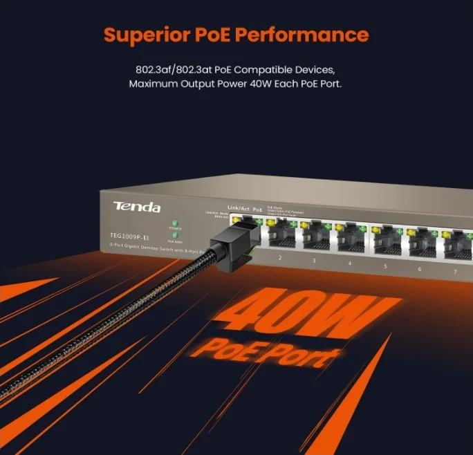 سوئیچ غیر مدیریتی 9 پورت گیگابیتی اترنت PoE تندا مدل TEG1009P، 10/100/1000 مگابیت بر ثانیه، اسپلیتر اترنت، Plug & Play، ظرفیت 18 گیگابیت بر ثانیه، توان 99 وات | TEG1009P-EI سوئیچ غیر مدیریتی 9 پورت گیگابیتی اترنت PoE تندا مدل TEG1009P، 10/100/1000 مگابیت بر ثانیه، اسپلیتر اترنت، Plug & Play، ظرفیت 18 گیگابیت بر ثانیه، توان 99 وات | TEG1009P-EI