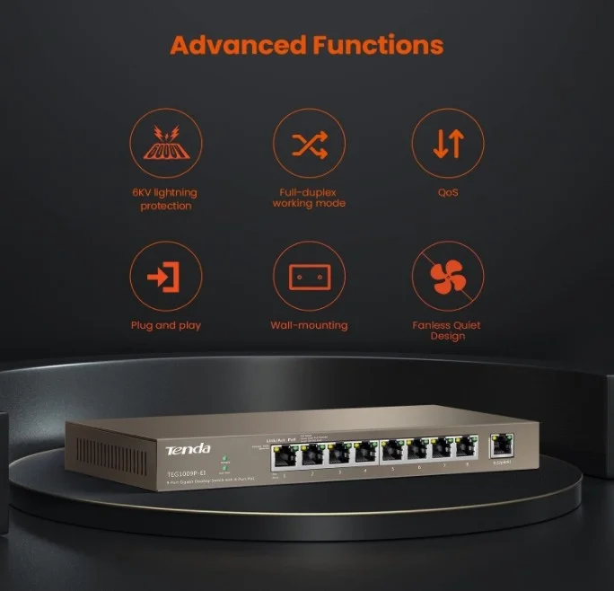 سوئیچ غیر مدیریتی 9 پورت گیگابیتی اترنت PoE تندا مدل TEG1009P، 10/100/1000 مگابیت بر ثانیه، اسپلیتر اترنت، Plug & Play، ظرفیت 18 گیگابیت بر ثانیه، توان 99 وات | TEG1009P-EI سوئیچ غیر مدیریتی 9 پورت گیگابیتی اترنت PoE تندا مدل TEG1009P، 10/100/1000 مگابیت بر ثانیه، اسپلیتر اترنت، Plug & Play، ظرفیت 18 گیگابیت بر ثانیه، توان 99 وات | TEG1009P-EI