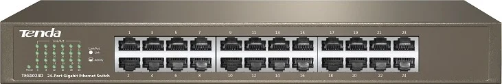 سوئیچ 24 پورت گیگابیتی اترنت Tenda TEG1024D V7.0، دارای 24 پورت 10/100/1000 Base-T، ظرفیت 48Gbps، ورودی 100-240V AC، مصرف برق کمتر از 12W | TEG1024D