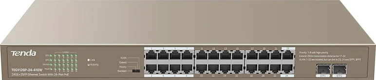 سوئیچ اترنت 24 پورت PoE تندا TEG1126P، 24GE+2SFP، 100/1000 مگابیت بر ثانیه، ظرفیت سوئیچینگ 48 گیگابیت بر ثانیه، توان 410 وات، 4 حالت | TEG1126P-24-410W