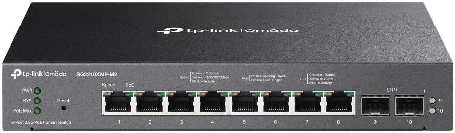 سوییچ هوشمند اومادا TP-LINK SG2210XMP-M2، دارای 8 پورت 2.5GBASE-T، 2 پورت 10GE SFP+، خروجی 30 وات PoE در هر پورت، مشکی | SG2210XMP-M2