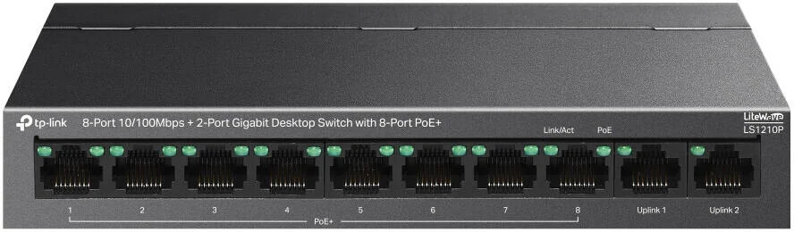 سوئیچ رومیزی تی‌پی‌لینک LS1210P، دارای 8 پورت 10/100 مگابیت بر ثانیه + 2 پورت گیگابیتی، خروجی 30 وات PoE، برد انتقال دیتا و برق 250 متری، حالت ایزوله، قابل نصب روی دیوار/رومیزی، مشکی | LS1210P