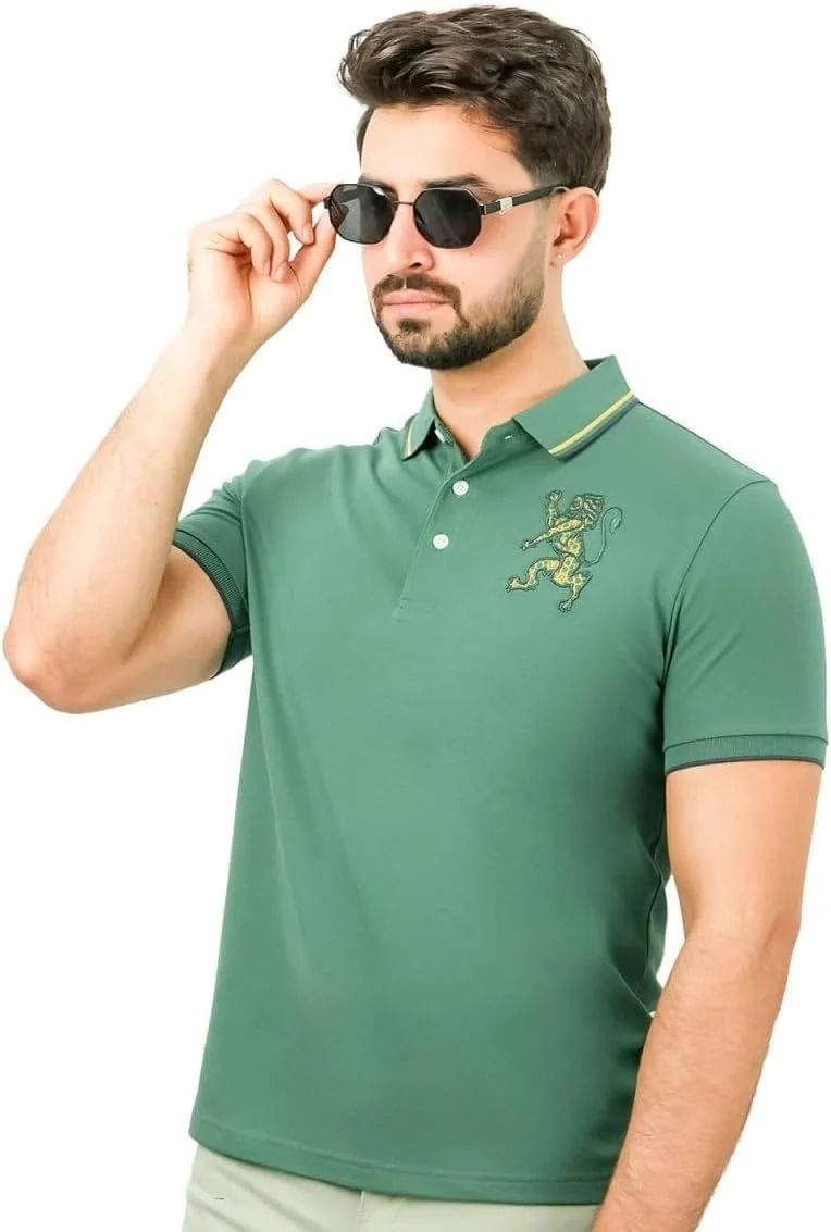 پولوشرت مردانه طرح سه بعدی شیر: برش اسلیم فیت، گلدوزی برجسته، پارچه پیکه ممتاز