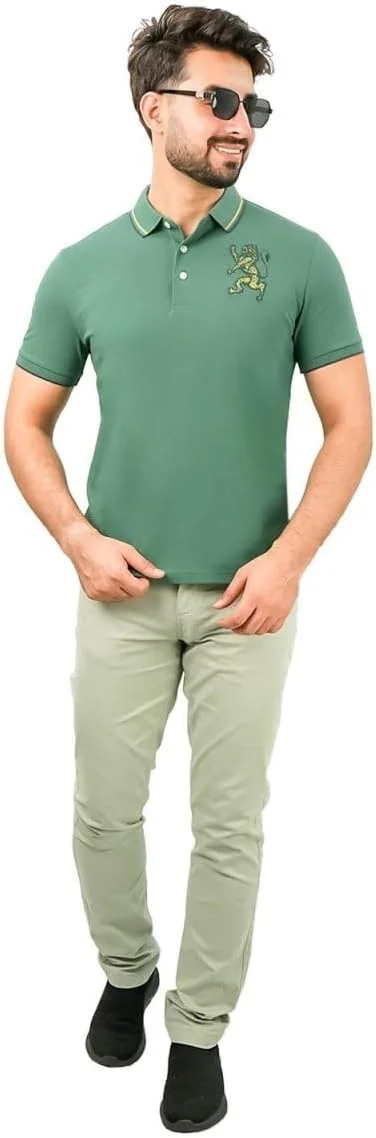 پولوشرت مردانه طرح سه بعدی شیر: برش اسلیم فیت، گلدوزی برجسته، پارچه پیکه ممتاز