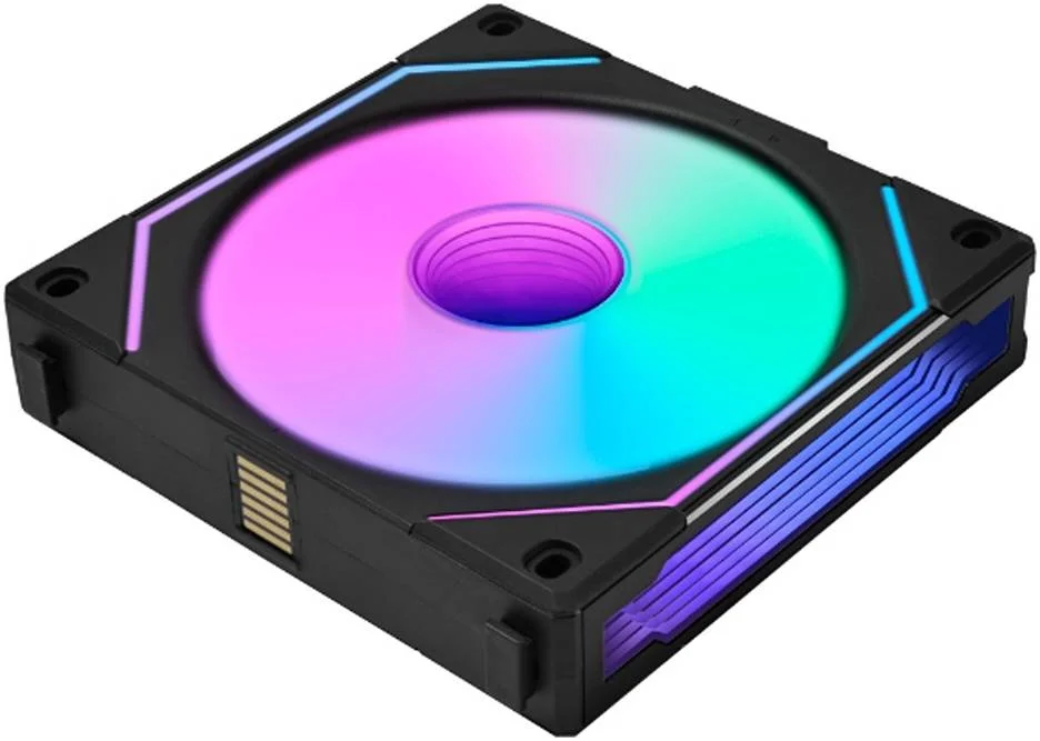 فن تکی مشکی Lian Li SL-Infinity 120 با پره معکوس، جنس PBT + PC + آلومینیوم، جریان هوای 63.6CFM، بلبرینگ دینامیک سیال، سرعت فن 2100RPM، طراحی Daisy-Chain مدل UF-RSLIN120-1B
