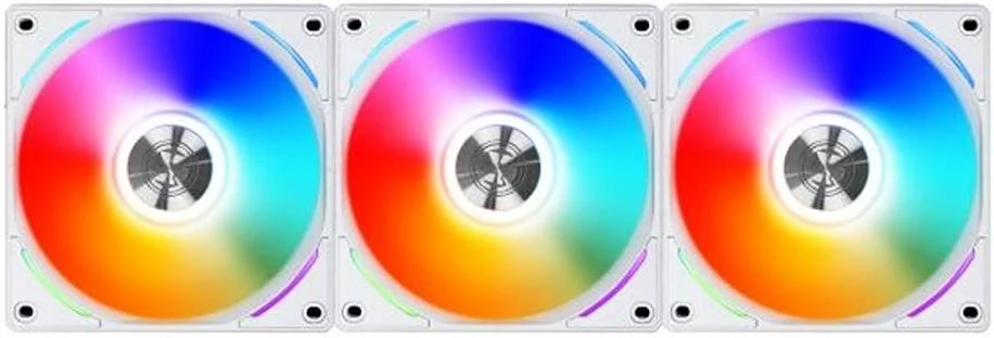 فن‌های سفید لیان-لی UNI Fan AL120 V2 (سه عدد)، ساخته شده از مواد PBT+PC+آلومینیوم، فن‌های 120 میلی‌متری، سرعت فن تا 1900 دور در دقیقه، جریان هوای 64.5 CFM، بسته 3 عددی | G99.12ALV23W.00