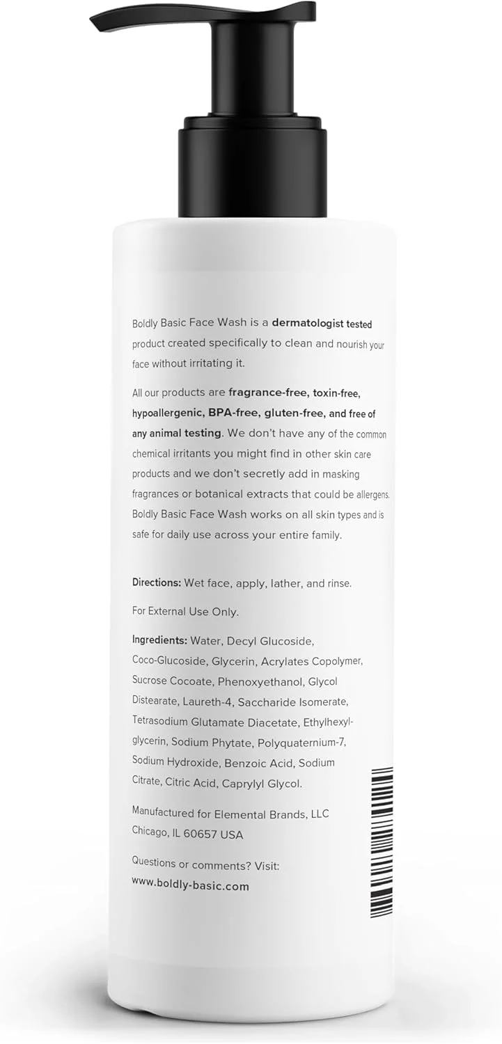 شوینده صورت ملایم و بدون رایحه Boldly Basic - پاک کننده ملایم صورت برای پوست حساس - بدون بو - تست شده توسط متخصص پوست - بدون سولفات - بدون پارابن - بدون گلوتن - غیر کومدون زا و ضد حساسیت شوینده صورت ملایم و بدون رایحه Boldly Basic - پاک کننده ملایم صورت برای پوست حساس - بدون بو - تست شده توسط متخصص پوست - بدون سولفات - بدون پارابن - بدون گلوتن - غیر کومدون زا و ضد حساسیت