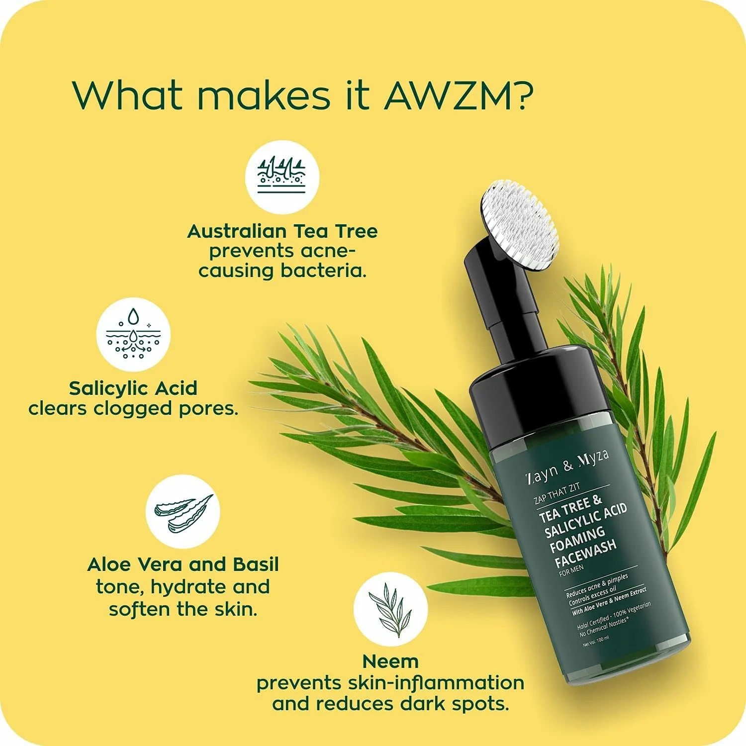 فوم شستشوی صورت درخت چای و سالیسیلیک اسید ZM Zayn & Myza مناسب آقایان، حاوی عصاره آلوئه ورا و عصاره نئیم، مناسب انواع پوست - 100 میلی لیتر فوم شستشوی صورت درخت چای و سالیسیلیک اسید ZM Zayn & Myza مناسب آقایان، حاوی عصاره آلوئه ورا و عصاره نئیم، مناسب انواع پوست - 100 میلی لیتر