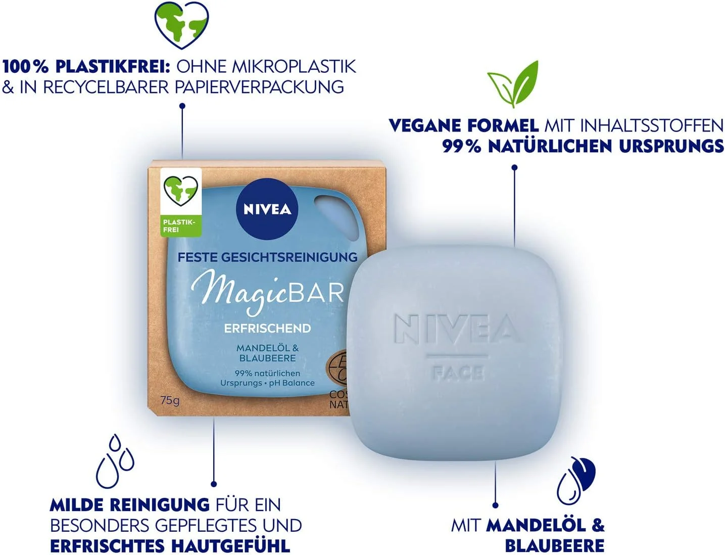 نیوآ مجیک بار، پاک کننده جامد صورت، طراوت بخش (75 گرم)، پاک کننده صورت برای داشتن پوستی زیبا و نرم، لوازم آرایشی طبیعی تایید شده با روغن بادام و بلوبری