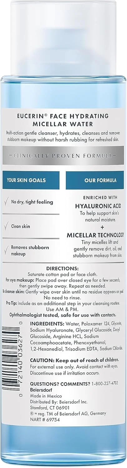 آب پاک کننده ملایم صورت اوسرین، پاک کننده صورت و پاک کننده آرایش با اسید هیالورونیک، بطری 400 میلی لیتری