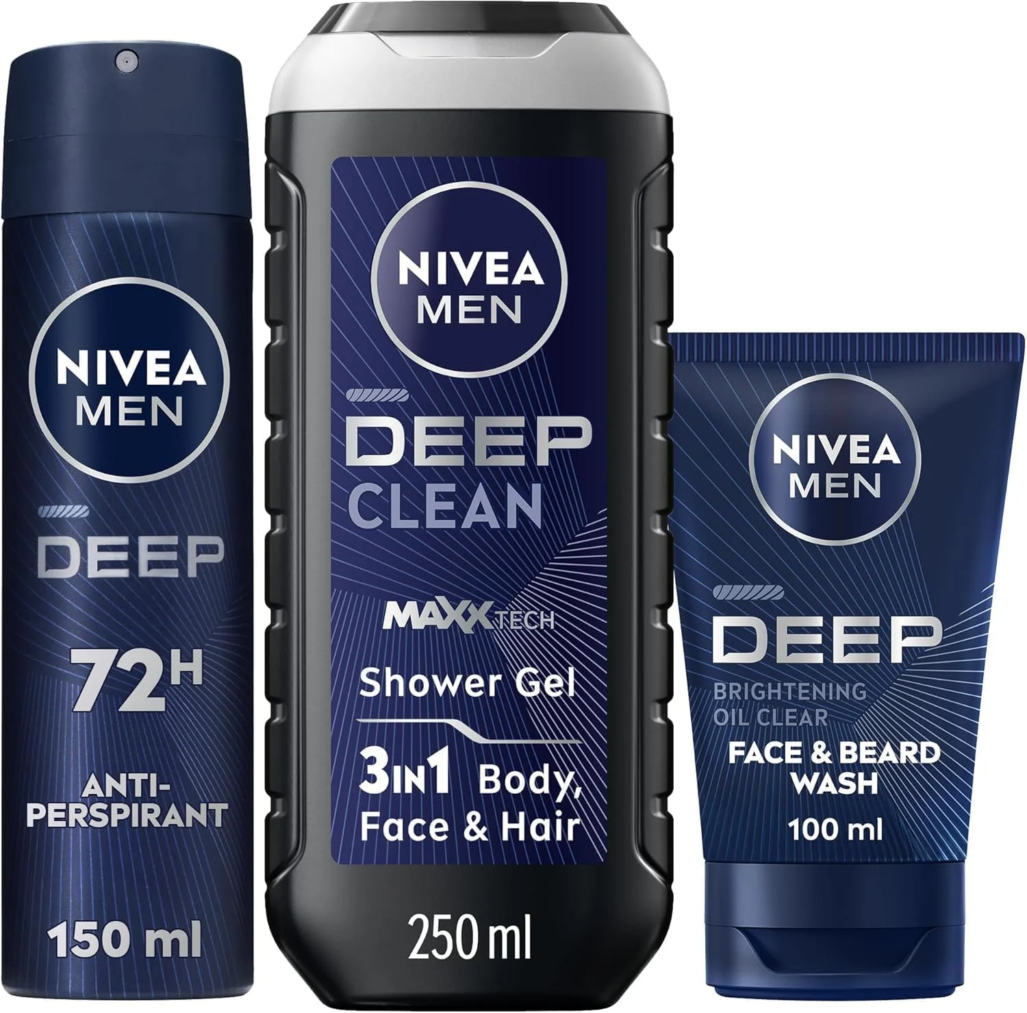 مجموعه نیوآ مردانه DEEP: شوینده صورت و ریش، زغال فعال، 100 میلی لیتر + ژل دوش 3 در 1، رایحه چوبی، 250 میلی لیتر + اسپری ضد تعریق مردانه، کربن سیاه ضد باکتری، 150 میلی لیتر مجموعه نیوآ مردانه DEEP: شوینده صورت و ریش، زغال فعال، 100 میلی لیتر + ژل دوش 3 در 1، رایحه چوبی، 250 میلی لیتر + اسپری ضد تعریق مردانه، کربن سیاه ضد باکتری، 150 میلی لیتر