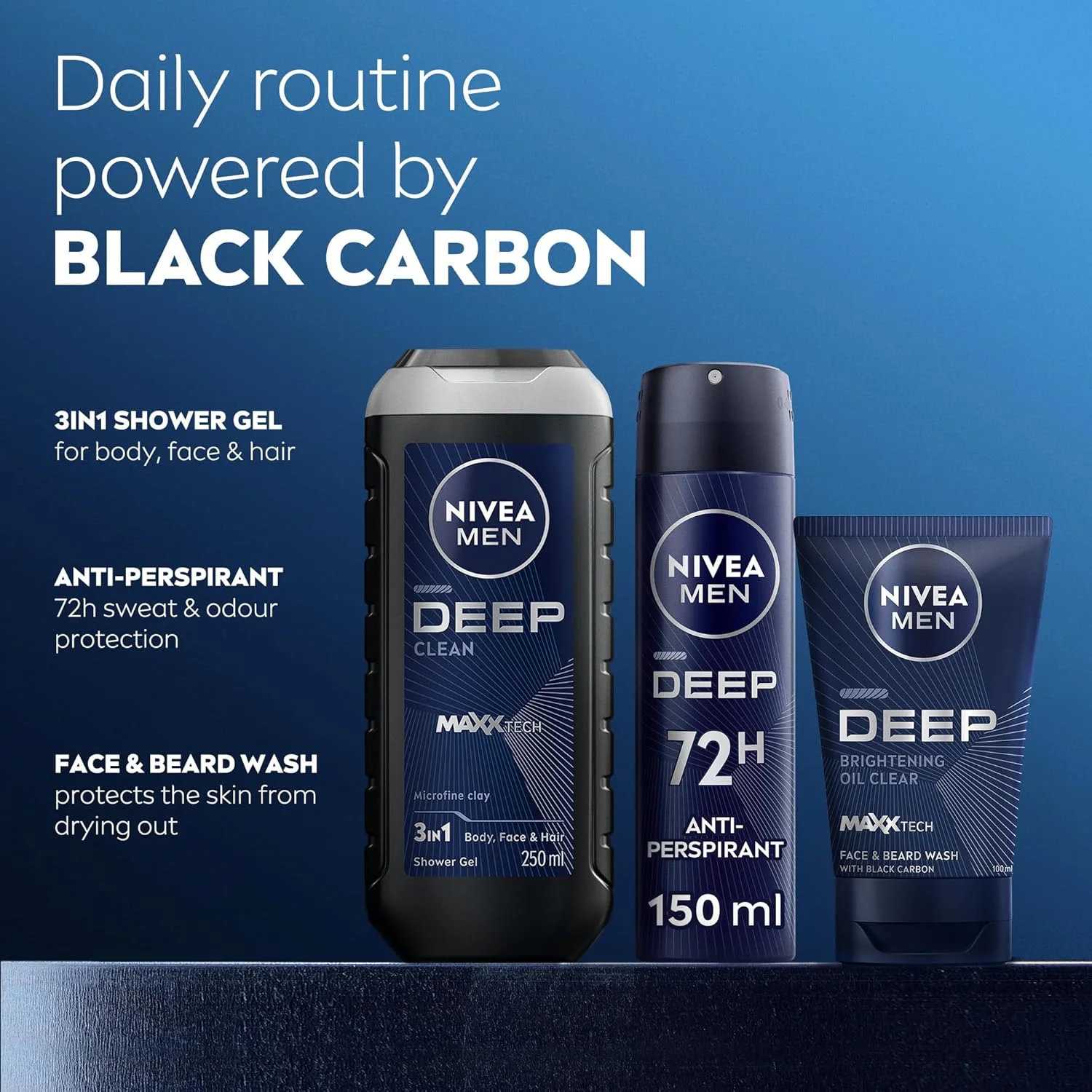 مجموعه نیوآ مردانه DEEP: شوینده صورت و ریش، زغال فعال، 100 میلی لیتر + ژل دوش 3 در 1، رایحه چوبی، 250 میلی لیتر + اسپری ضد تعریق مردانه، کربن سیاه ضد باکتری، 150 میلی لیتر