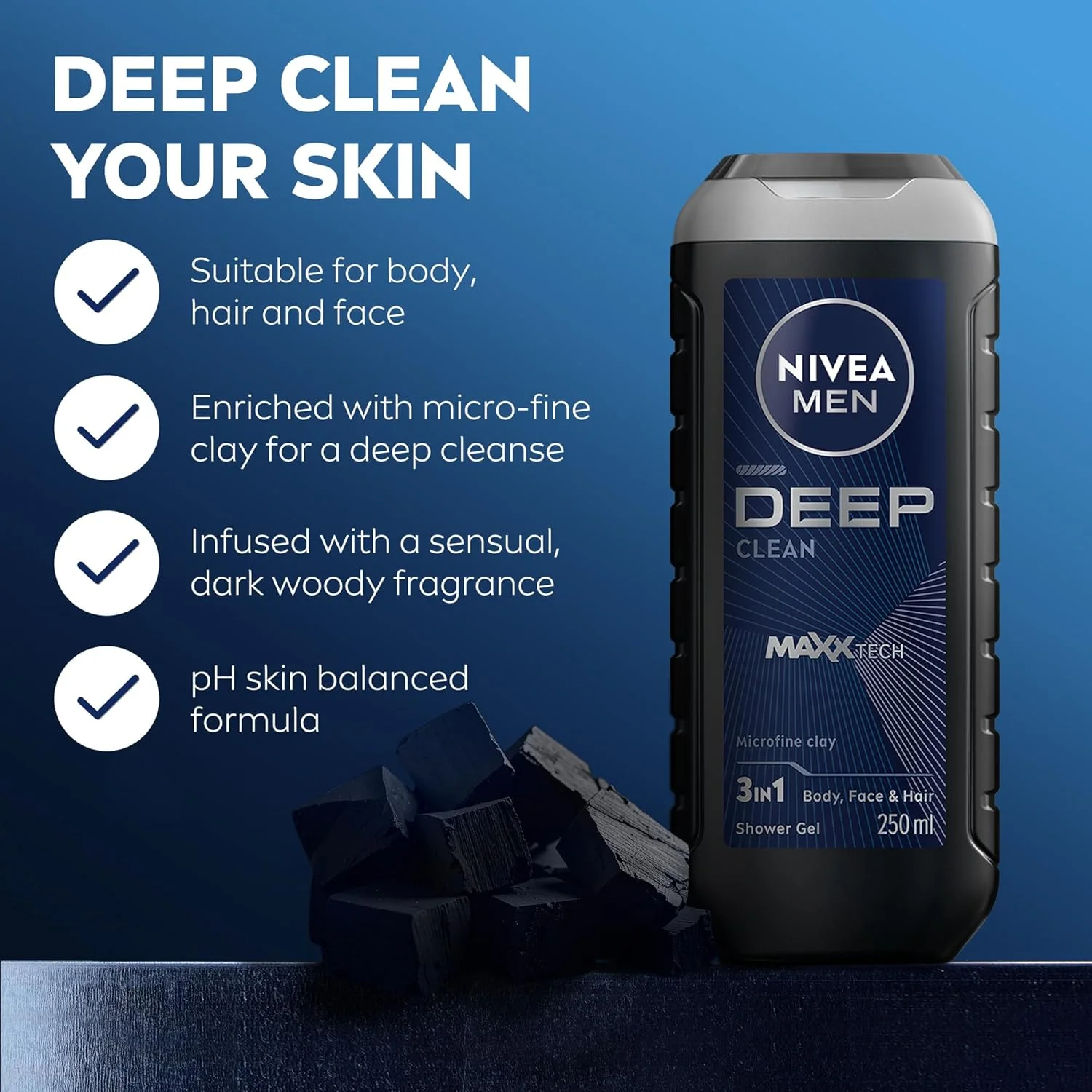 مجموعه نیوآ مردانه DEEP: شوینده صورت و ریش، زغال فعال، 100 میلی لیتر + ژل دوش 3 در 1، رایحه چوبی، 250 میلی لیتر + اسپری ضد تعریق مردانه، کربن سیاه ضد باکتری، 150 میلی لیتر