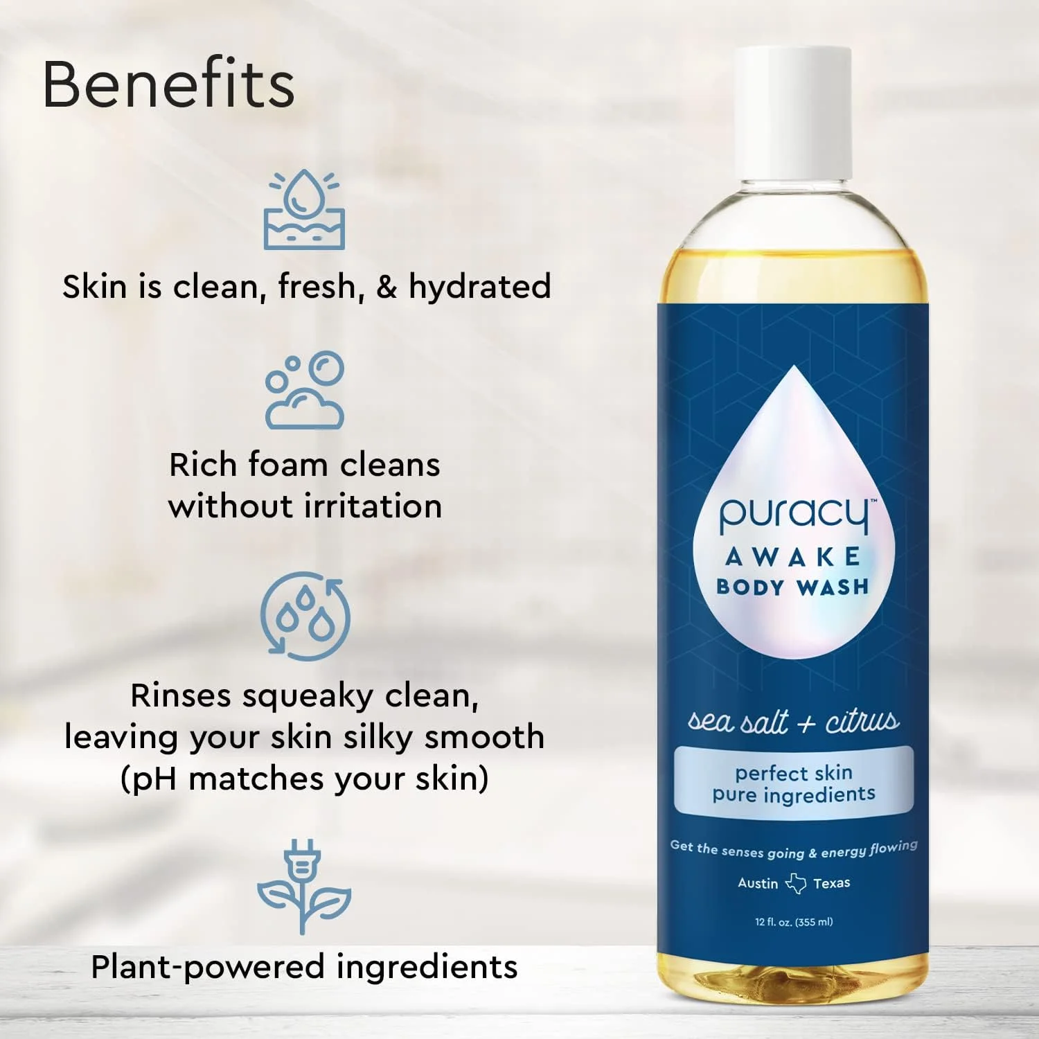 شوینده بدن پیورسی، شوینده بدن طبیعی، 98.6% مواد گیاهی خالص، ژل دوش مرطوب کننده برای زنان، مردان و کودکان، صابون بدن برای پوست های خشک و حساس. دارای رایحه ملایم مرکبات و نمک دریا، 355 میلی لیتر