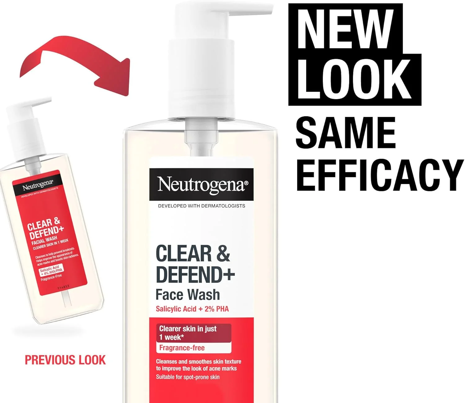 ژل شستشوی صورت نوتروژینا Clear & Defend+ (یک عدد 200 میلی لیتری)، شوینده تصفیه کننده صورت برای پوست های مستعد آکنه حاوی اسید سالیسیلیک و AHA/PHA، فاقد عطر و مناسب برای پوست های دارای لک برای کمک به جلوگیری از ایجاد جوش