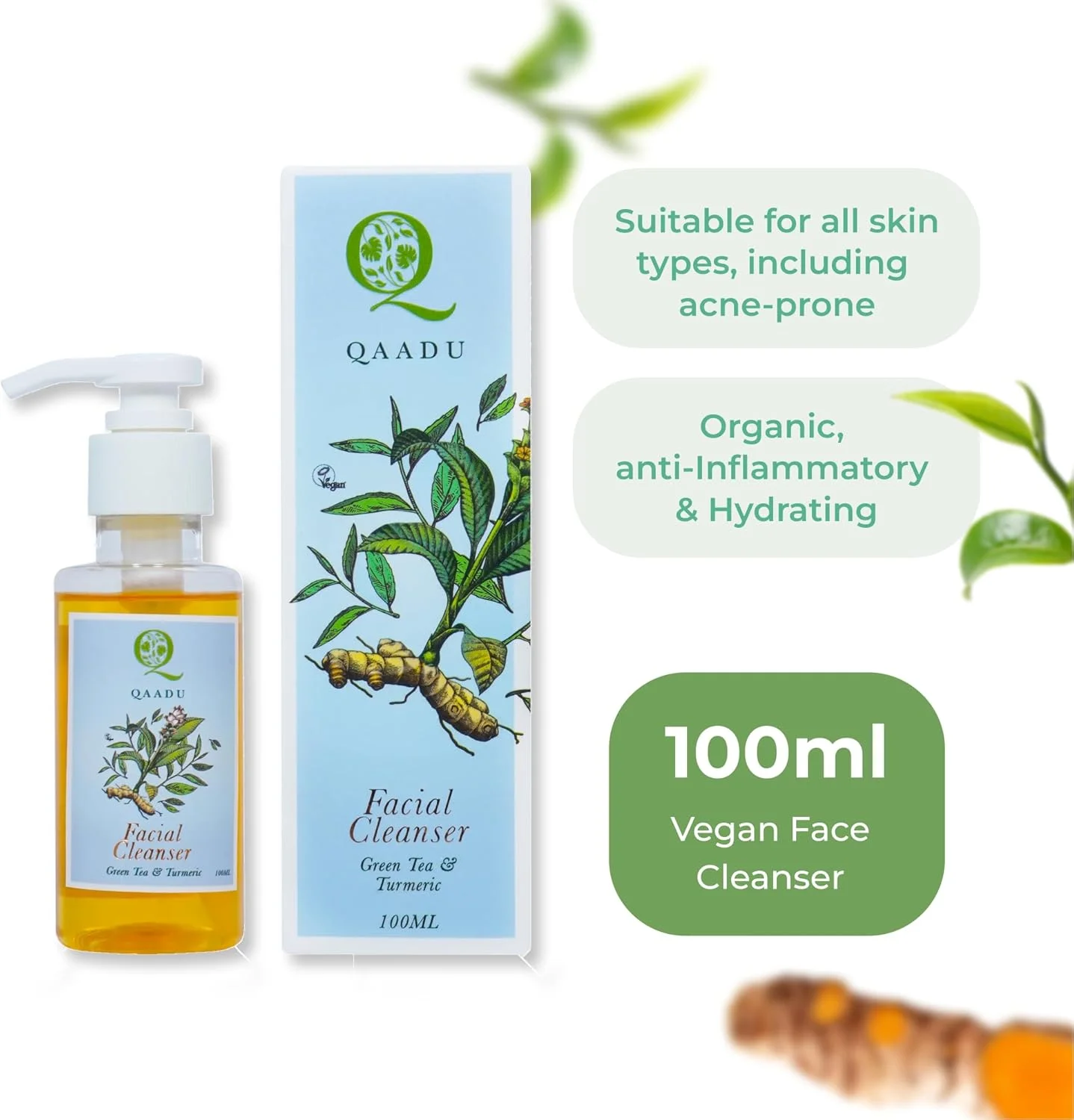 شوینده صورت با چای سبز، زردچوبه، ویتامین های A و E | پاک کننده ملایم و طراوت بخش صورت، مناسب برای انواع پوست، دارای خواص ضد التهابی و آبرسان | 100 میلی لیتر |