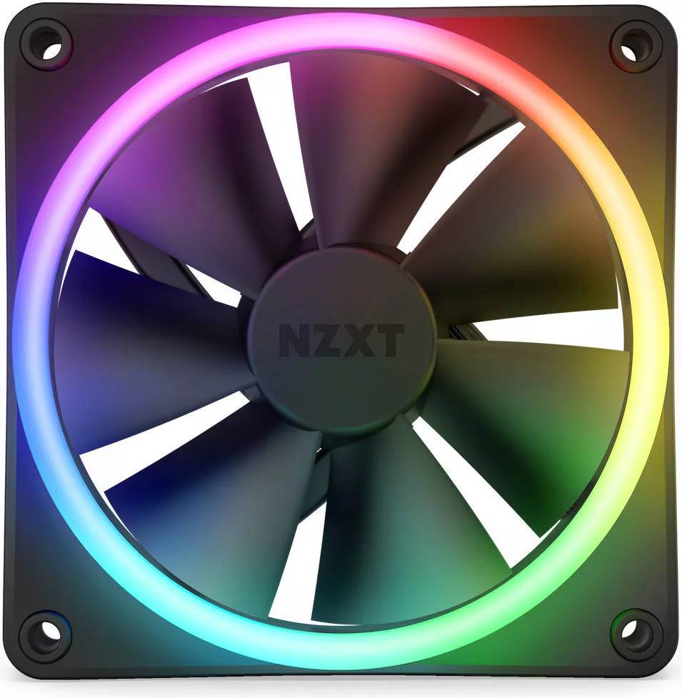 فن کامپیوتر تکی NZXT F120 RGB Duo، جنس پلاستیک+لاستیک+PCB، بلبرینگ دینامیکی سیال، نورپردازی دو طرفه، کانکتور 4 پین PWM، سرعت فن 1800 دور در دقیقه، جریان هوای 48.58 CFM، مشکی | RF-D12SF-B1