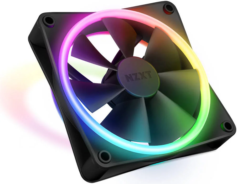 فن کامپیوتر تکی NZXT F120 RGB Duo، جنس پلاستیک+لاستیک+PCB، بلبرینگ دینامیکی سیال، نورپردازی دو طرفه، کانکتور 4 پین PWM، سرعت فن 1800 دور در دقیقه، جریان هوای 48.58 CFM، مشکی | RF-D12SF-B1