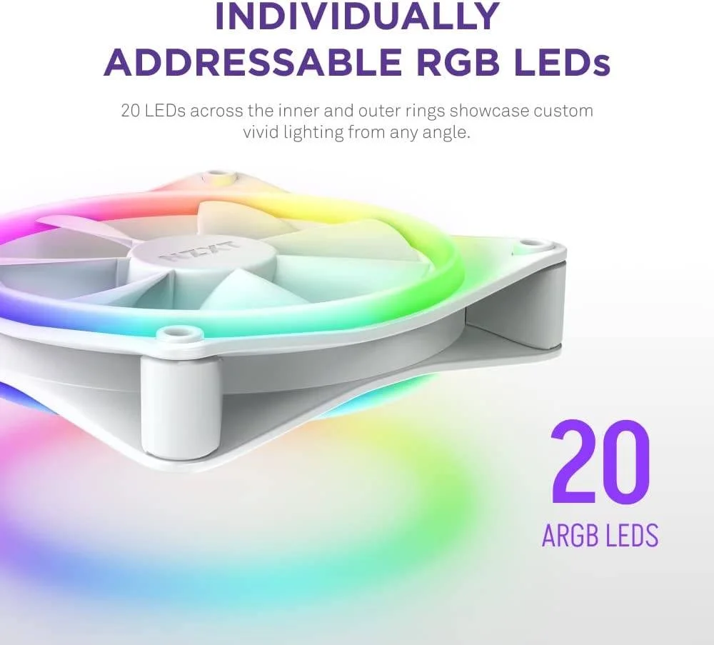 فن سه تایی NZXT F120 RGB Duo، سایز 120 میلی‌متری، به همراه کنترلر RGB، دارای 20 LED با قابلیت آدرس‌دهی مجزا، جریان هوای متعادل و فشار استاتیک، بلبرینگ دینامیک سیال، سرعت 500-1800 دور در دقیقه، سفید | RF-D12TF-W1