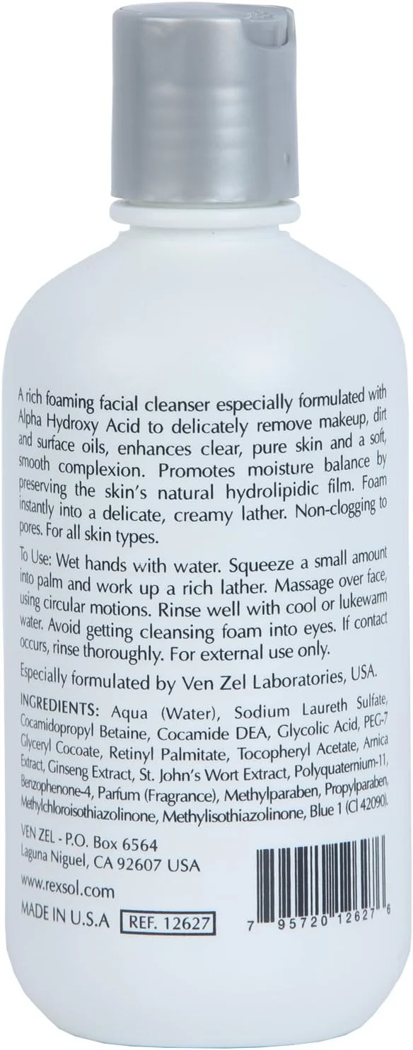 ژل شستشوی صورت فومینگ رکسول AHA | حاوی ویتامین E، عصاره آرنیکا، عصاره جینسینگ، عصاره گل راعی | افزایش شادابی و لطافت | پوست را تمیز و نرم می کند. (240 میلی لیتر)
