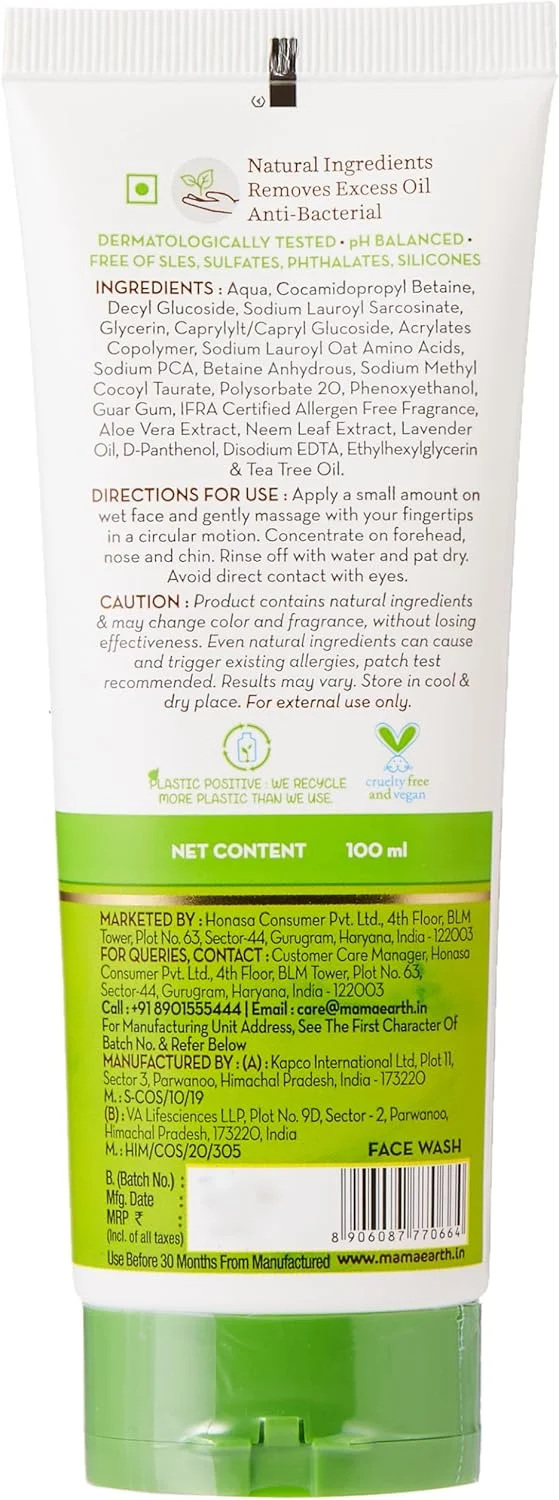 شوینده صورت درخت چای ماماارت برای پوستی شفاف و بدون جوش | غنی شده با درخت چای، چریش و آلوئه ورا | مبارزه با جوش ها، از بین بردن چربی اضافی و پاکسازی پوست | بدون SLS، مناسب برای انواع پوست | 100 میلی لیتر