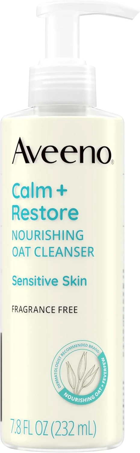 پاک کننده ملایم صورت Aveeno Calm + Restore برای پوست حساس، پاک کننده شیری و آبرسان صورت با جو دوسر مغذی و بابونه گاوی، فرمول ضد حساسیت، بدون عطر، 230 میلی لیتر