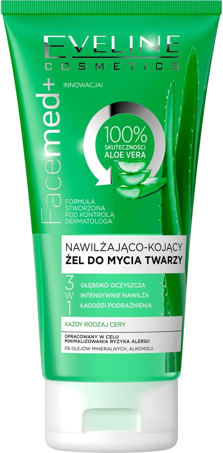 ژل شستشوی صورت 3 در 1 مرطوب کننده و تسکین دهنده Eveline Cosmetics | 100% آلوئه ورا ارگانیک | برای صورت، لب ها و چشم ها | برای انواع پوست از جمله پوست های حساس | 0% الکل | 150 میلی لیتر