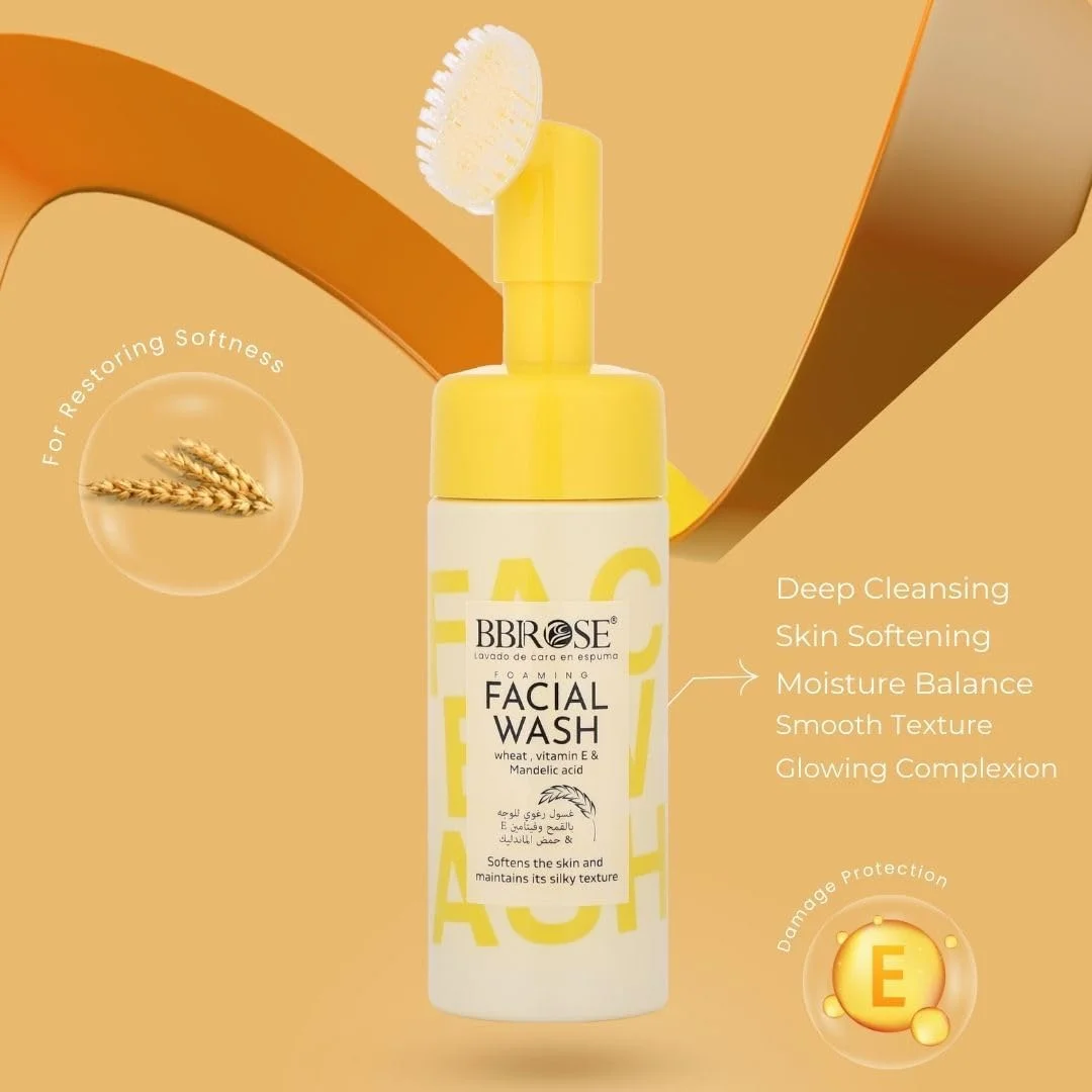 شوینده صورت گندم و ویتامین E BBROSE همراه با برس، 150 میلی لیتر - پاک کننده ملایم ژلی برای ظاهری نرم و درخشان - متعادل کننده PH، بدون سولفات و پارابن (150 میلی لیتر، گندم)