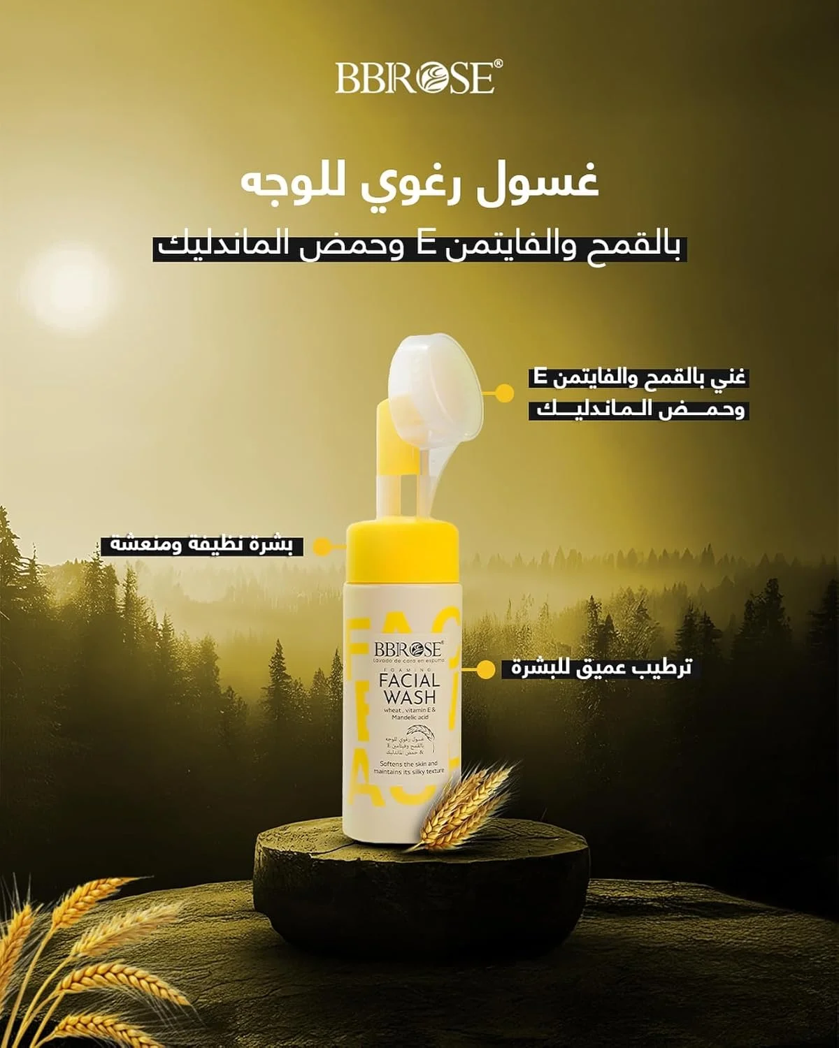 شوینده صورت گندم و ویتامین E BBROSE همراه با برس، 150 میلی لیتر - پاک کننده ملایم ژلی برای ظاهری نرم و درخشان - متعادل کننده PH، بدون سولفات و پارابن (150 میلی لیتر، گندم)