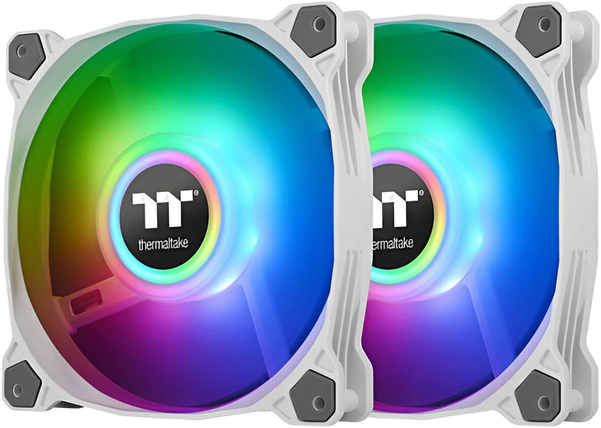 فن رادیاتور Thermaltake Pure Duo 12 ARGB Sync، سایز فن 120 میلی‌متر، سرعت فن 1500 دور در دقیقه، جریان هوای 56.51 CFM، بلبرینگ هیدرولیک، ضد لرزش، بسته‌ی 2 عددی، سفید | CL-F097-PL12SW-A