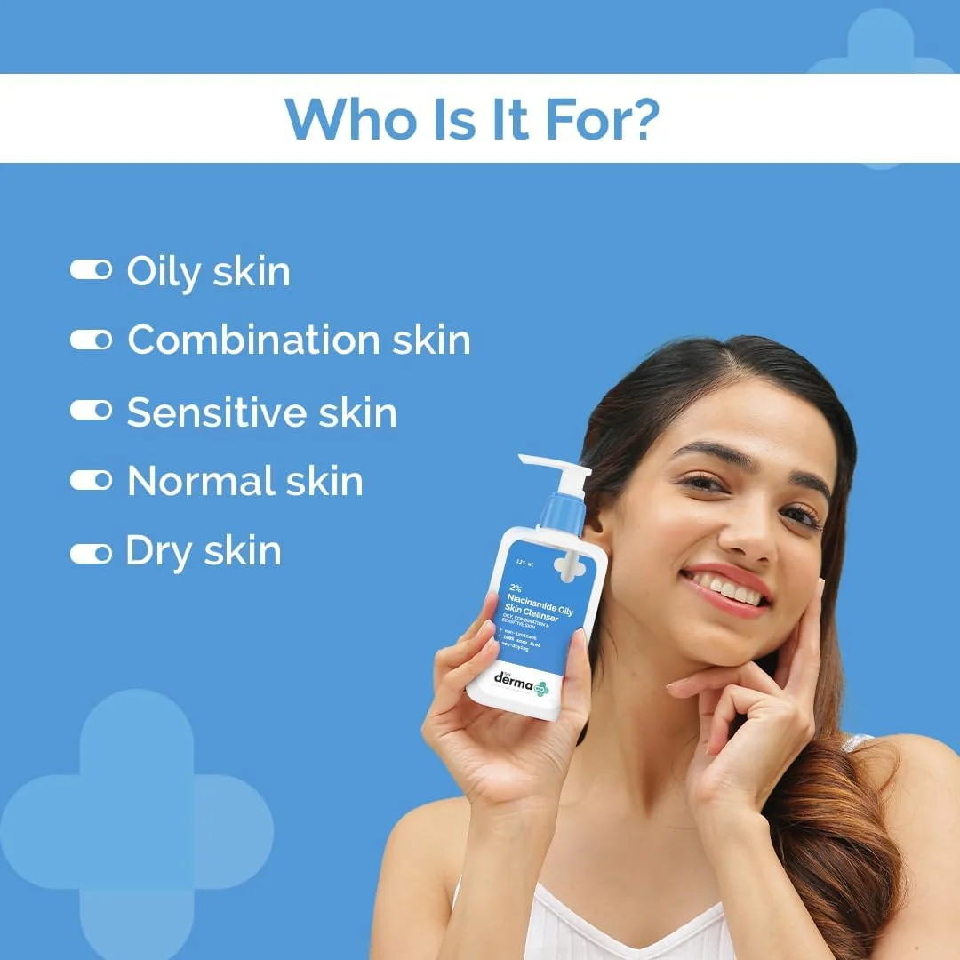 پاک کننده پوست چرب حاوی 2% نیاسینامید The Derma Co مناسب پوست های حساس، چرب و مختلط 125 میلی لیتر، غیر تحریک کننده، 100% فاقد صابون، غیر خشک کننده، پاک کننده ملایم آرایش، حاوی 0.1% اسید سالیسیلیک
