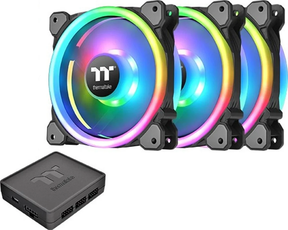 فن رادیاتور PWM ترمالتیک Riing Trio 12 TT Premium Edition، دارای 30 ال ای دی تکی، RGB ثبت شده، سایز فن 1200 میلی متر، سرعت 500-1500 دور در دقیقه، حداکثر جریان هوا 41.13 CFM، بسته 3 عددی، مشکی | CL-F072-PL12SW-A