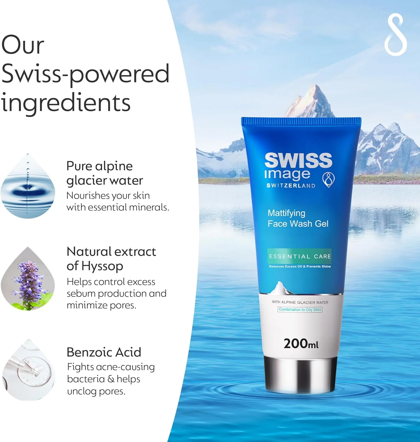 ژل شستشوی صورت مات کننده Swiss Image حجم 200 میلی لیتر | پاک کننده عمیق و خالص کننده پوست، کنترل چربی و فرمول ضد براقیت برای ظاهری مات ماندگار | مناسب پوست های مختلط تا چرب | ساخت سوئیس | برای آقایان و بانوان